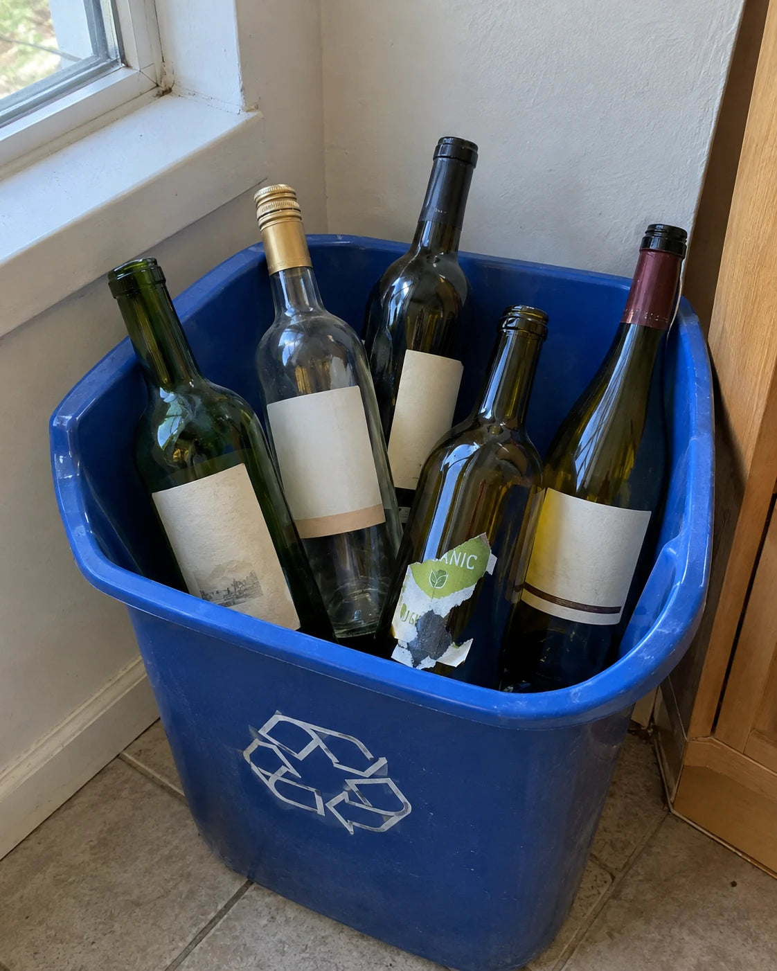 Five different wine bottles lined up on a kitchen counter with plain generic labels