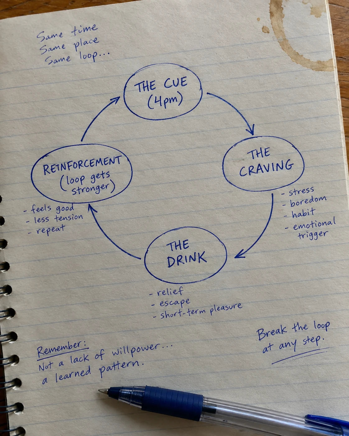 Handwritten notebook diagram of the craving loop cycle: the cue at 4pm, the craving, the drink, reinforcement