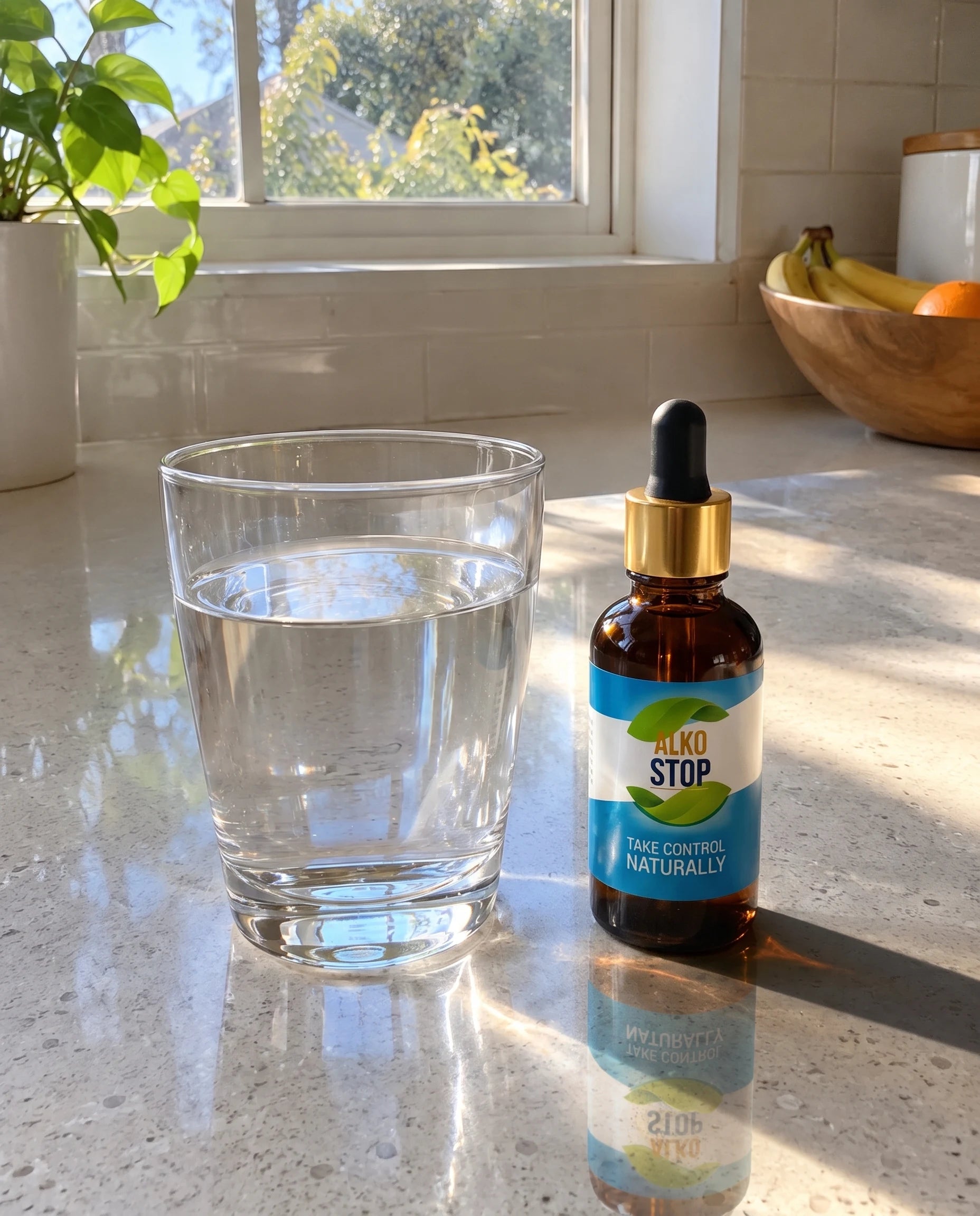 AlkoStop dropper bottle next to a glass of water on a sunny kitchen counter
