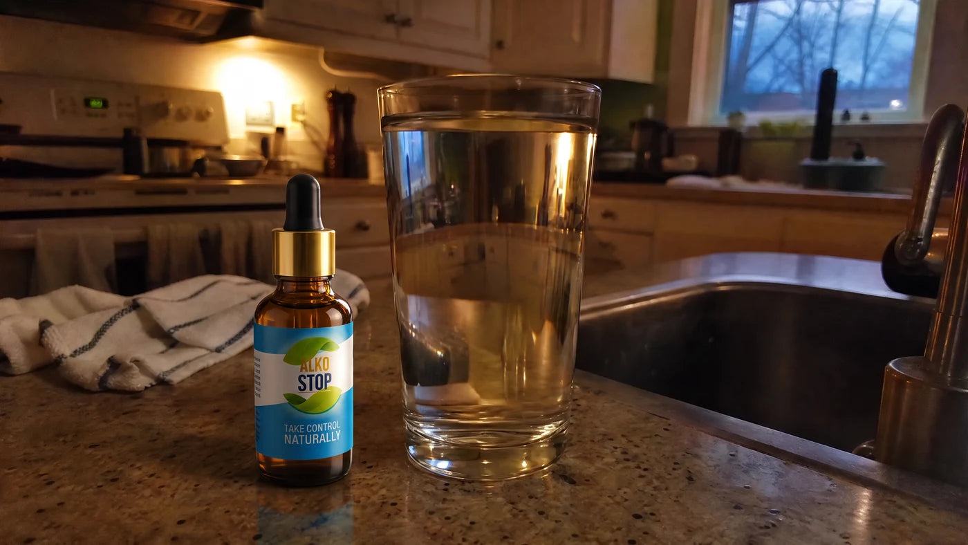 AlkoStop bottle on a calm evening kitchen counter next to a glass of water