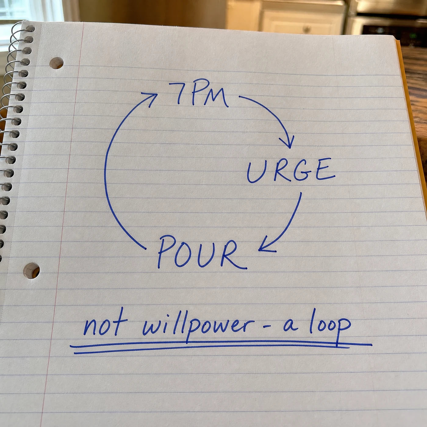 Handwritten notebook diagram showing a loop: 7pm, urge, pour, labeled not willpower, a loop