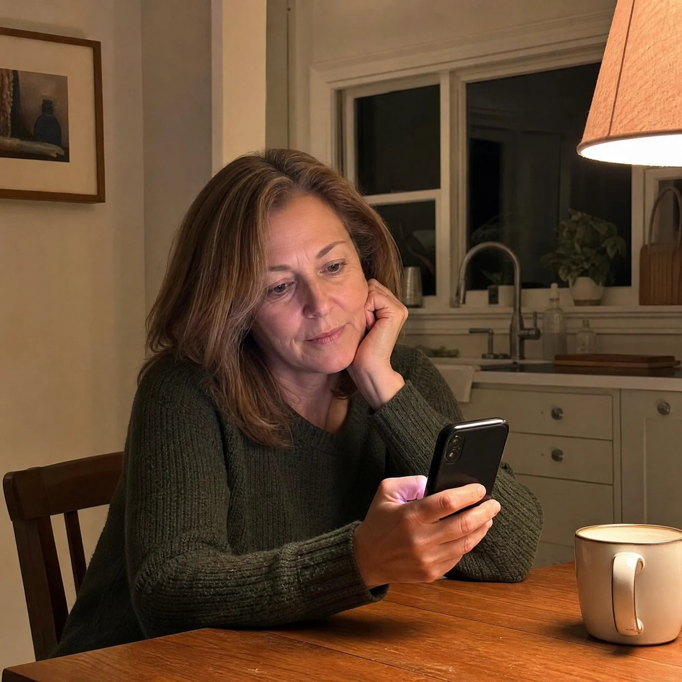 Rachel sitting alone at her kitchen table at night, looking at her phone with a thoughtful expression