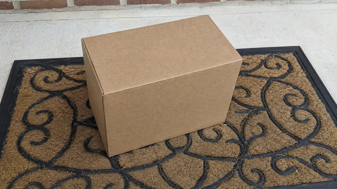 Plain brown cardboard shipping box sitting on a porch doormat in daylight, no branding visible