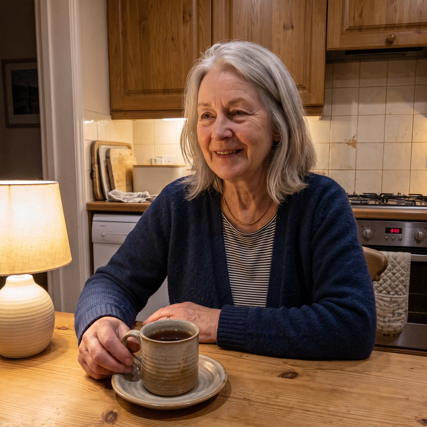 Diane sitting at her kitchen table in the early evening with a cup of tea, relaxed and smiling