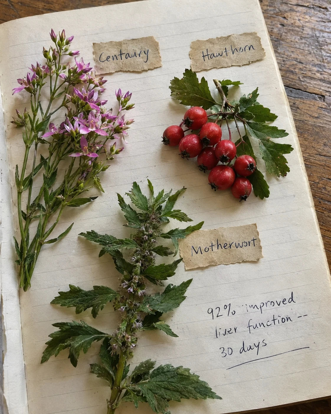 Centaury, Hawthorn Berry, and Motherwort laid out with handwritten tags and a 92 percent improved liver function note