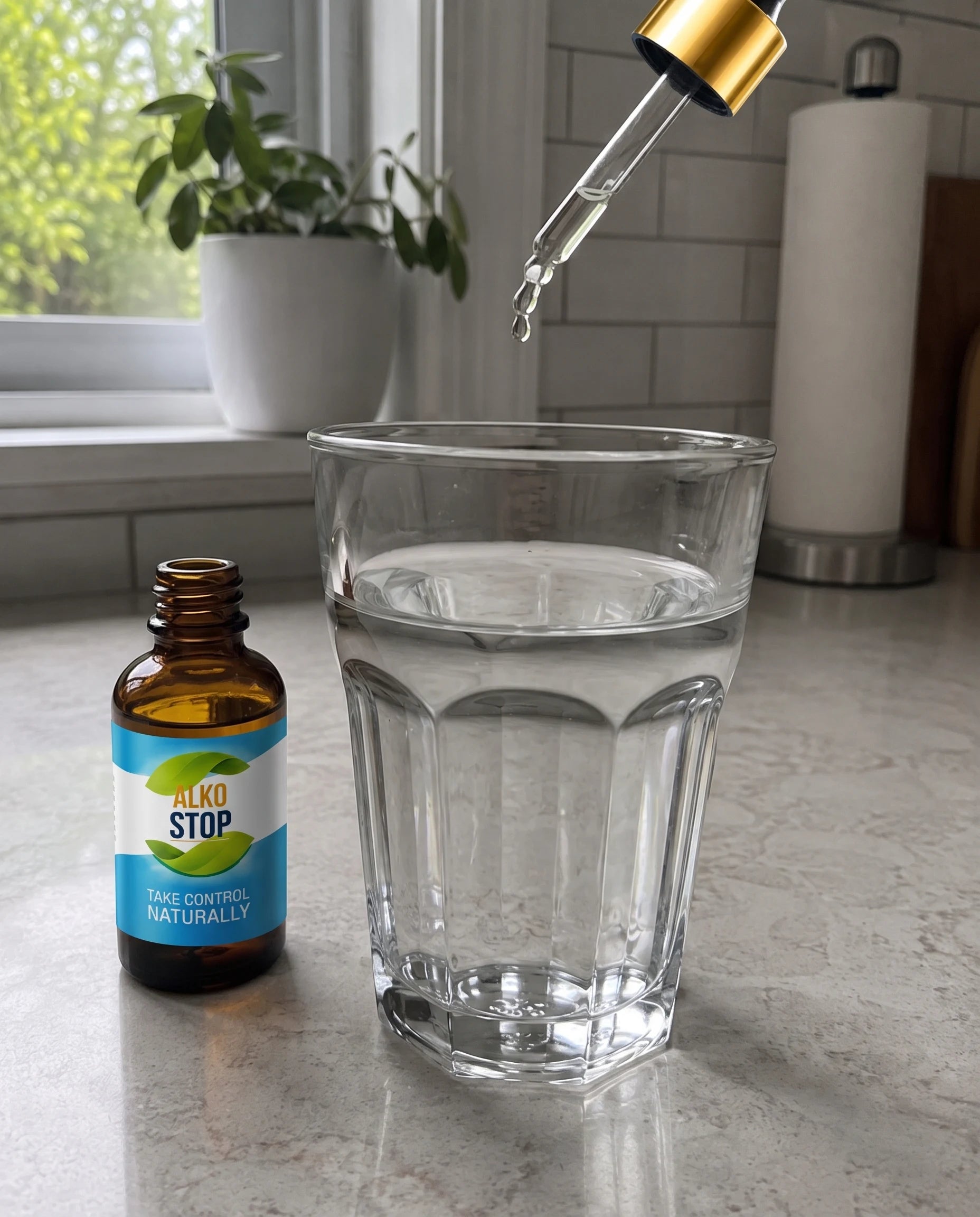 The AlkoStop dropper bottle resting on the counter next to a glass of water, with a dropper adding a drop into the water