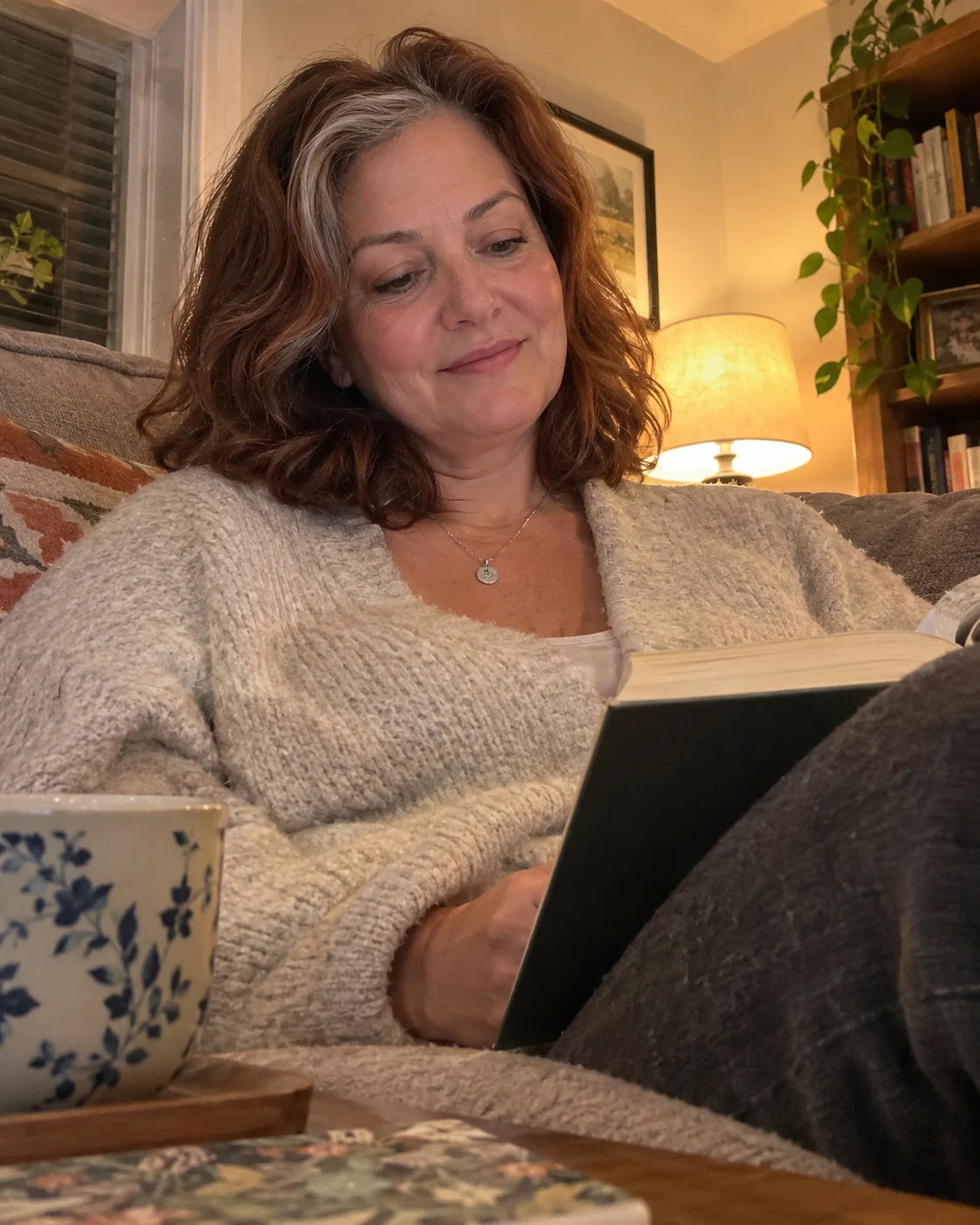 A woman relaxed on her couch in the evening with tea and a book, calm expression