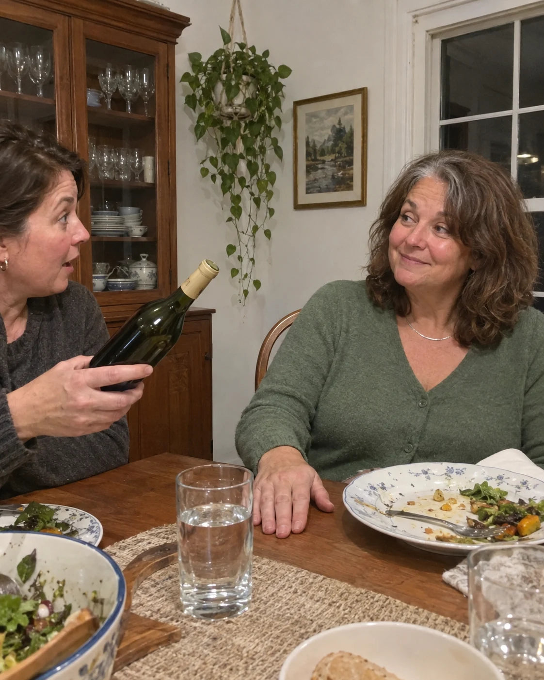Woman relaxed at the dinner table as a friend offers the wine bottle again, nothing happens