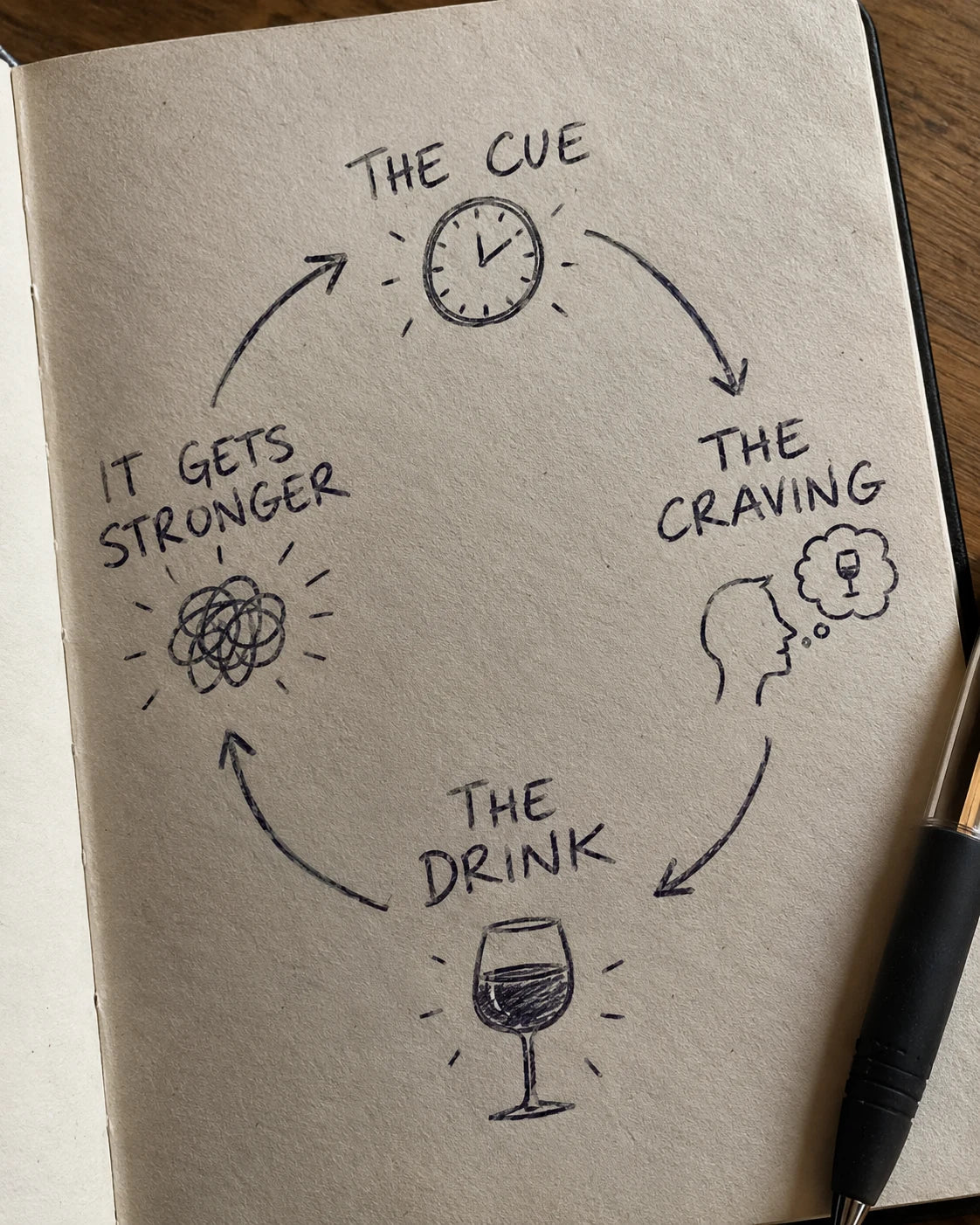 Hand-drawn journal diagram of the craving loop: the cue, the craving, the drink, it gets stronger