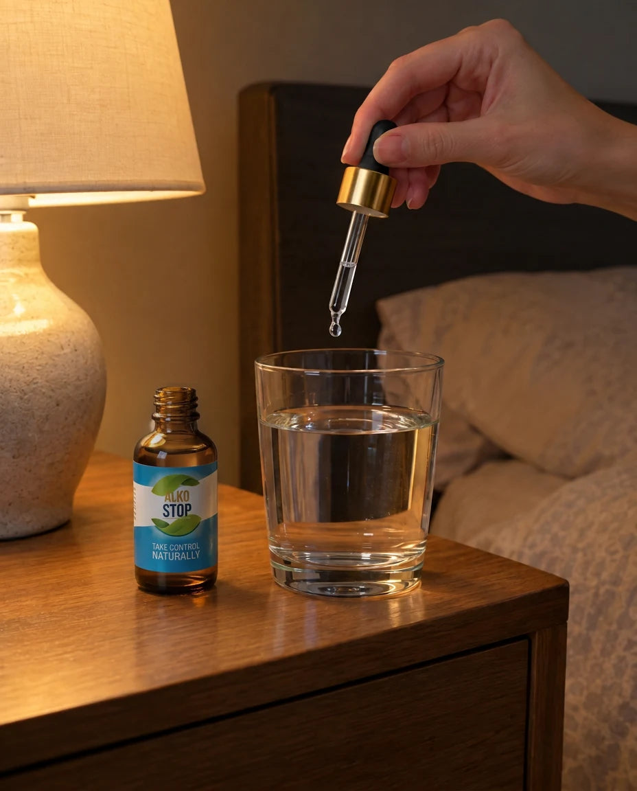 Hand holding an open AlkoStop dropper bottle with a drop falling into a glass of water on a nightstand at night