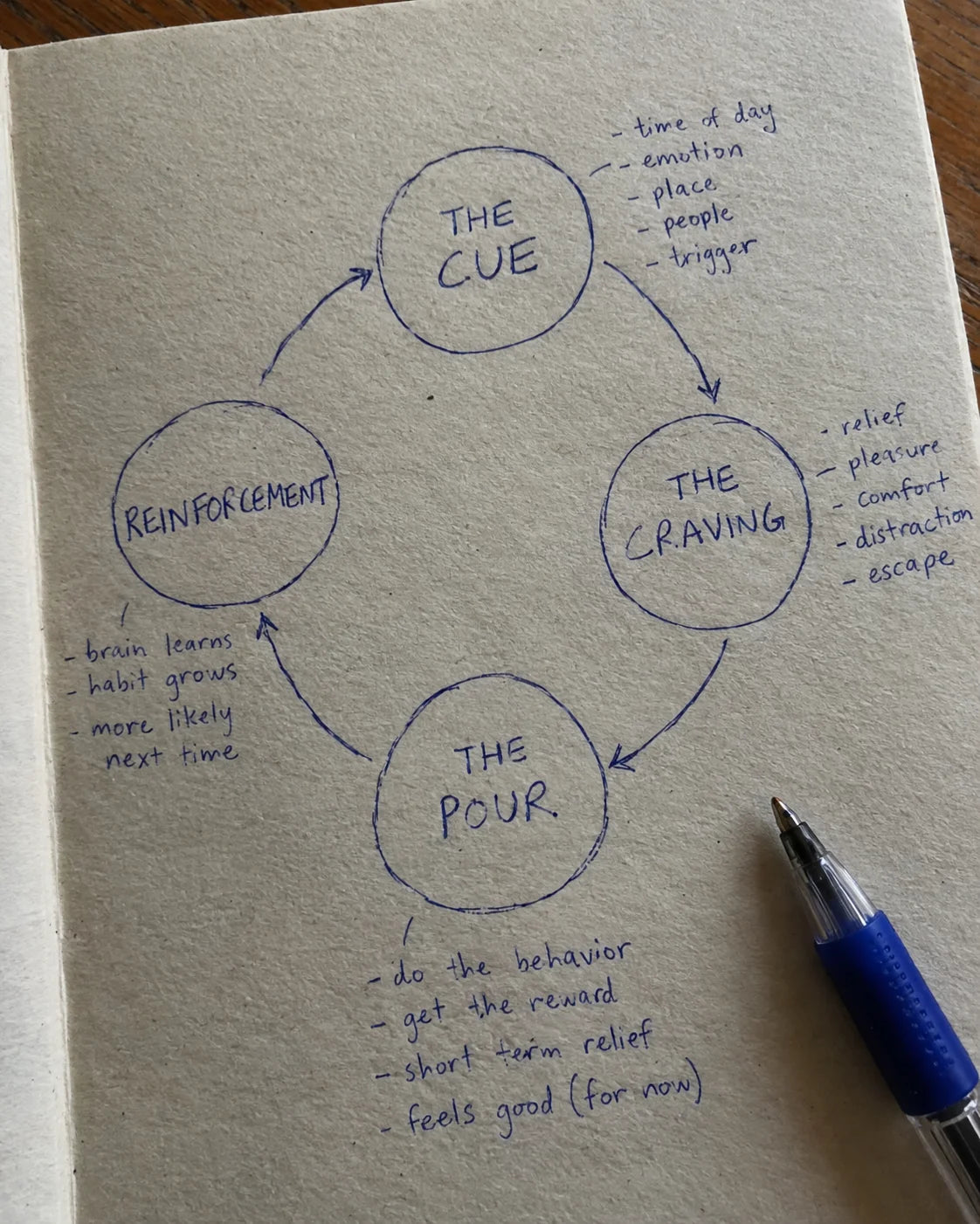 Handwritten notebook diagram of the cue, craving, pour, and reinforcement craving loop