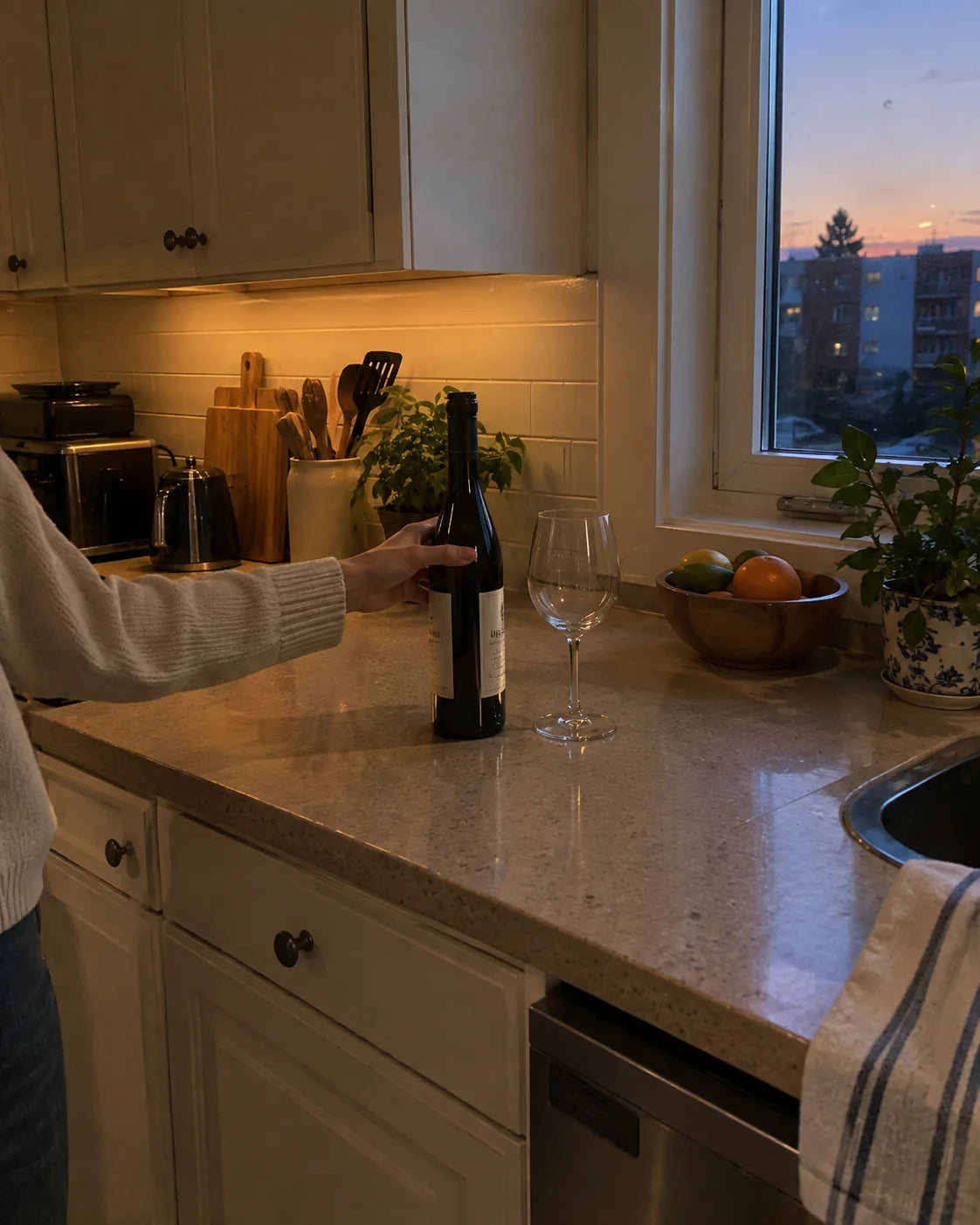 A hand reaching for a wine bottle next to an empty glass on a kitchen counter at dusk