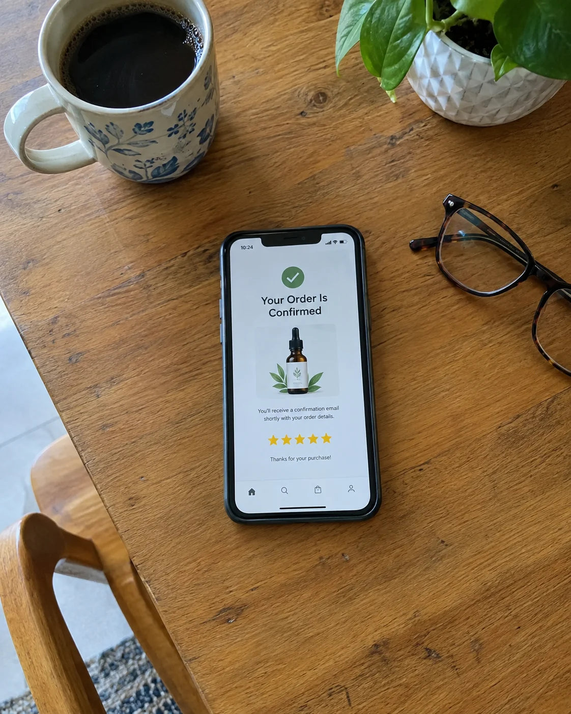 A smartphone lying on a kitchen table showing a product page, coffee and reading glasses nearby