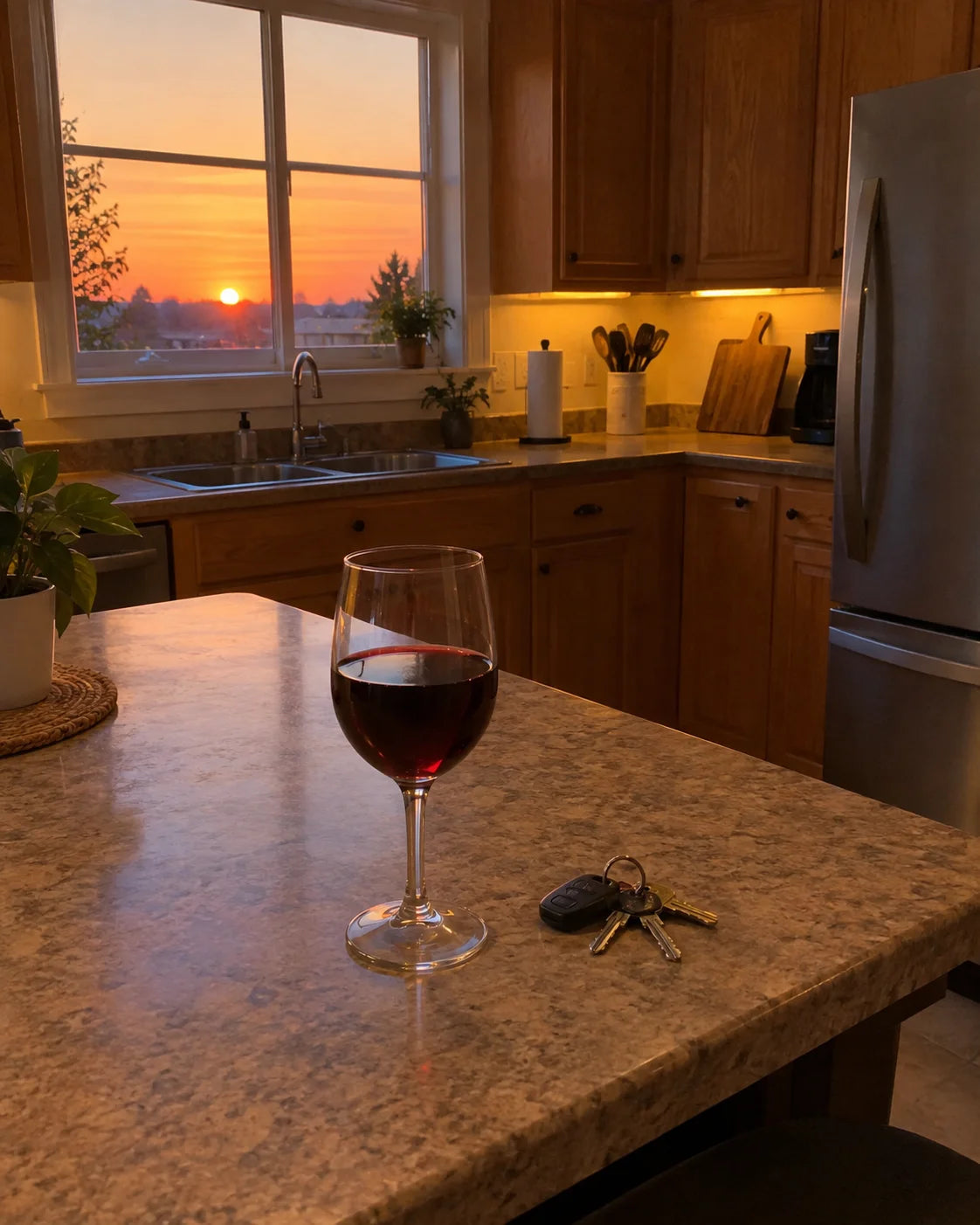 A glass of wine already poured on a kitchen counter next to keys and a phone at dusk