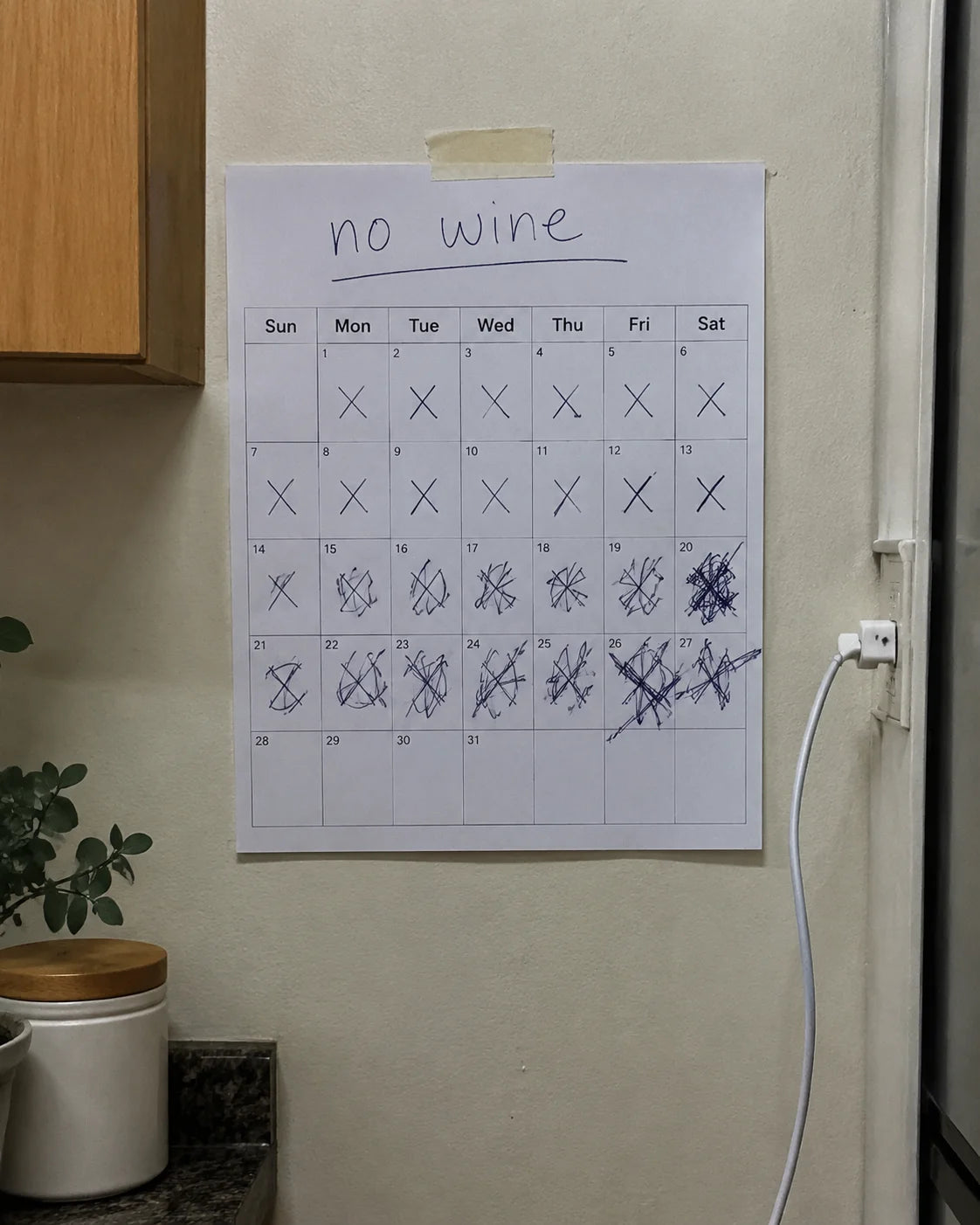 A kitchen calendar with crossed out days under a handwritten note that says no wine