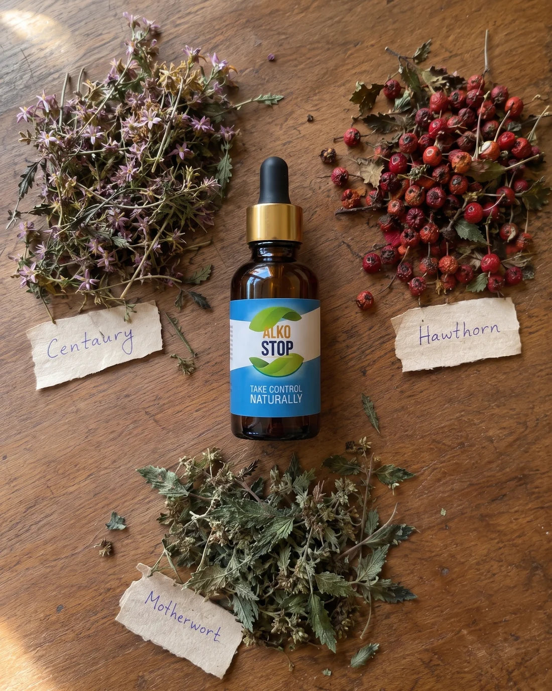 Centaury, Hawthorn, and Motherwort laid out with handwritten tags around the AlkoStop bottle