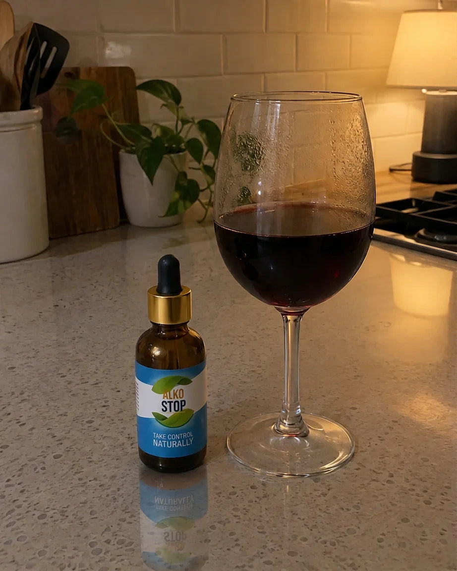 The AlkoStop dropper bottle sitting next to a full wine glass on a kitchen counter