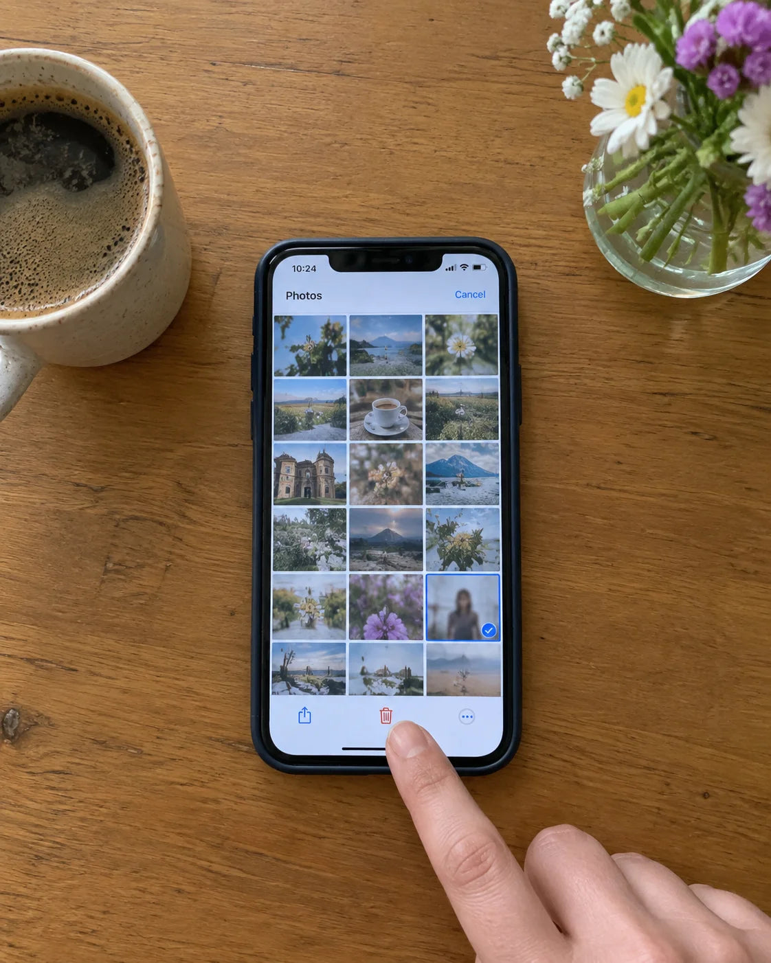 A hand deleting an unflattering selfie on a phone