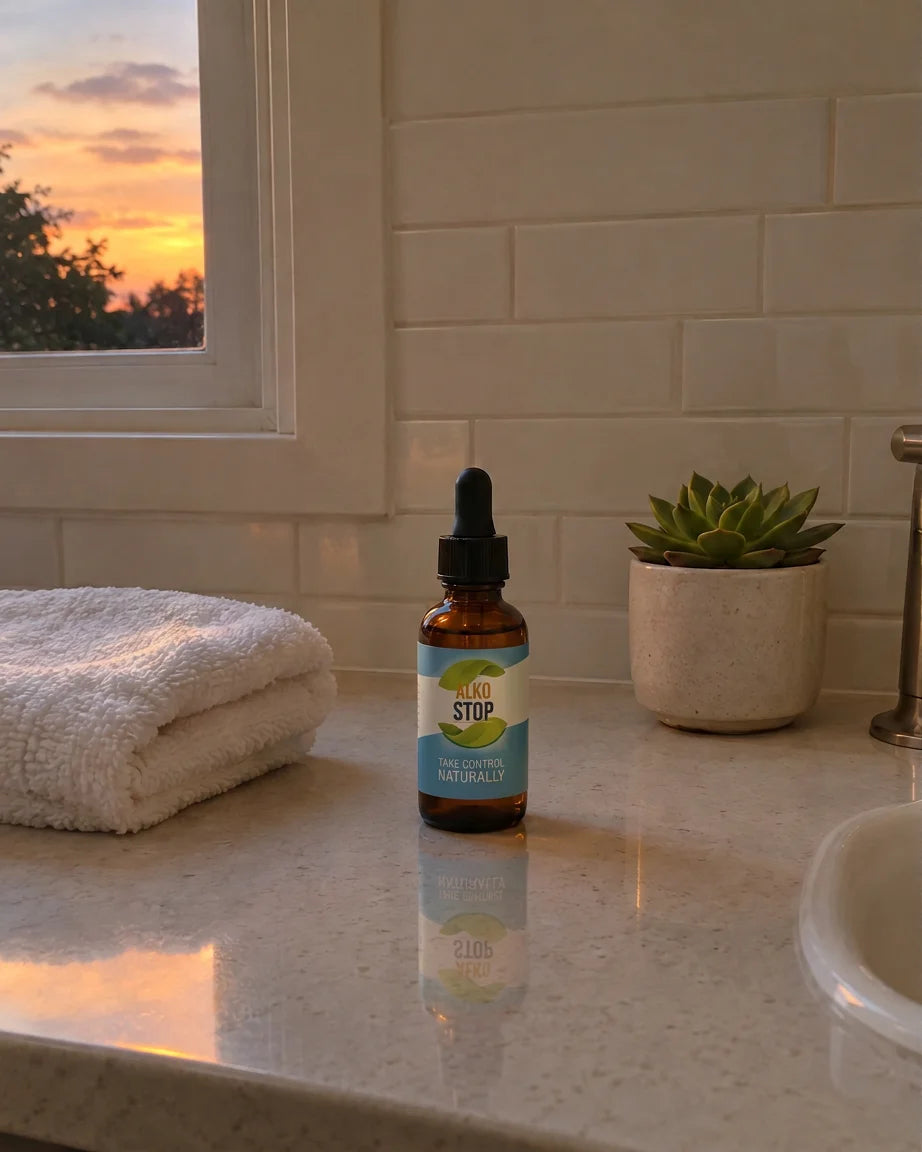 AlkoStop dropper bottle sitting on a bathroom counter in calm evening light