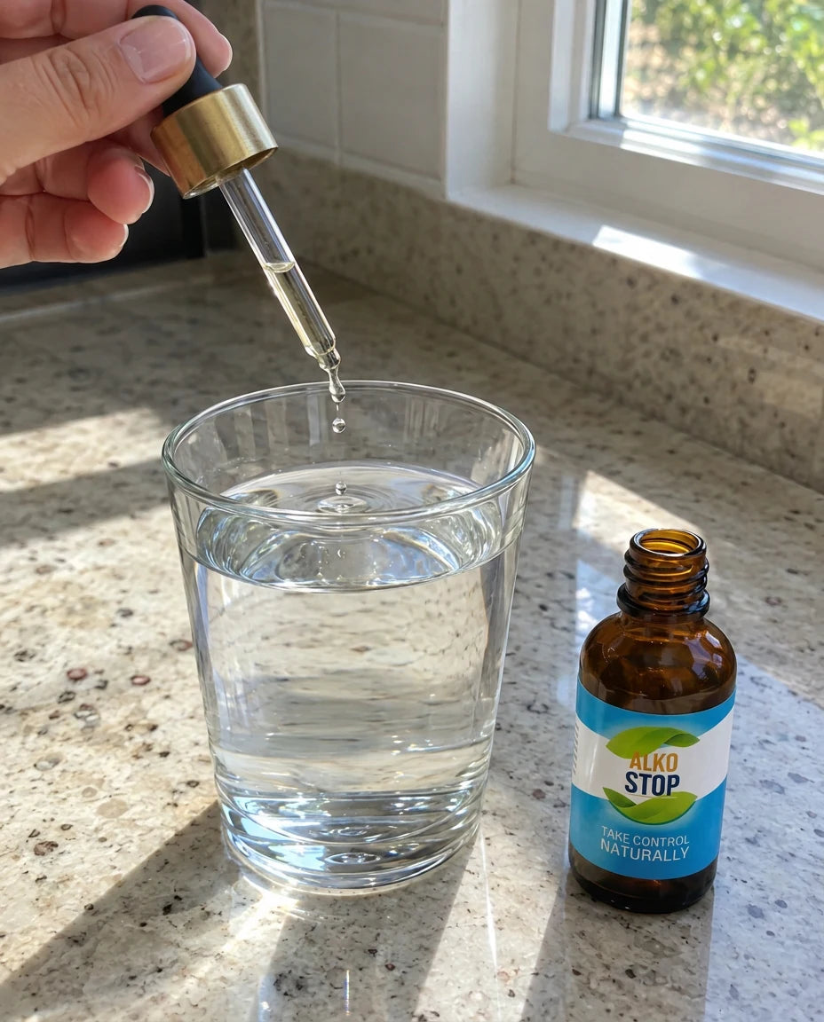 A hand using a dropper to add AlkoStop drops into a glass of water on a sunny kitchen counter