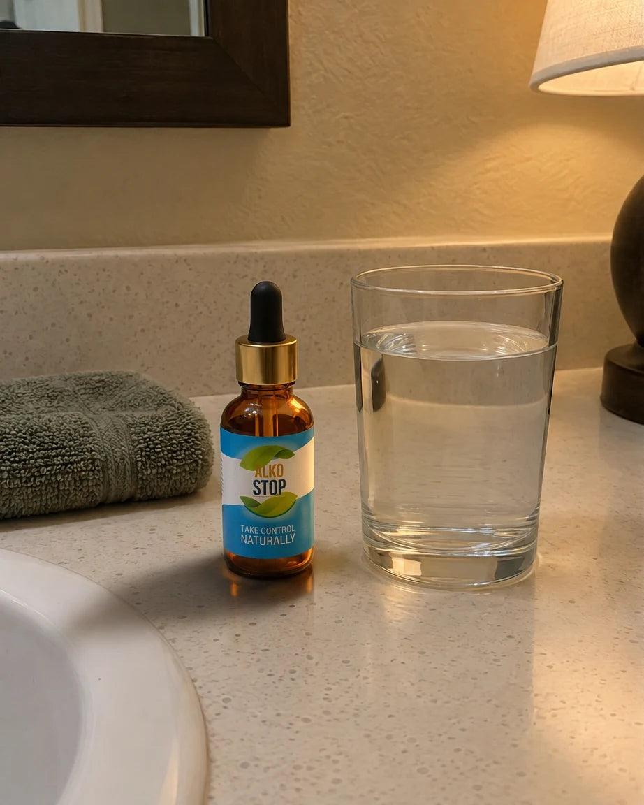 AlkoStop dropper bottle sitting on a bathroom counter in calm evening light