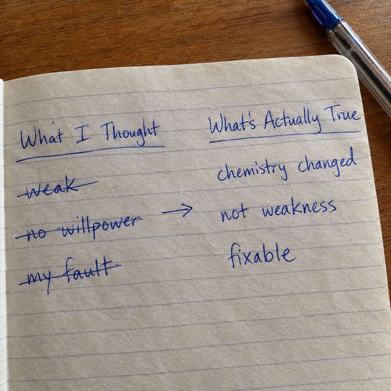 Handwritten notebook page comparing 'What I Thought' (weak, no willpower, my fault, crossed out) to 'What's Actually True' (chemistry changed, not weakness, fixable)