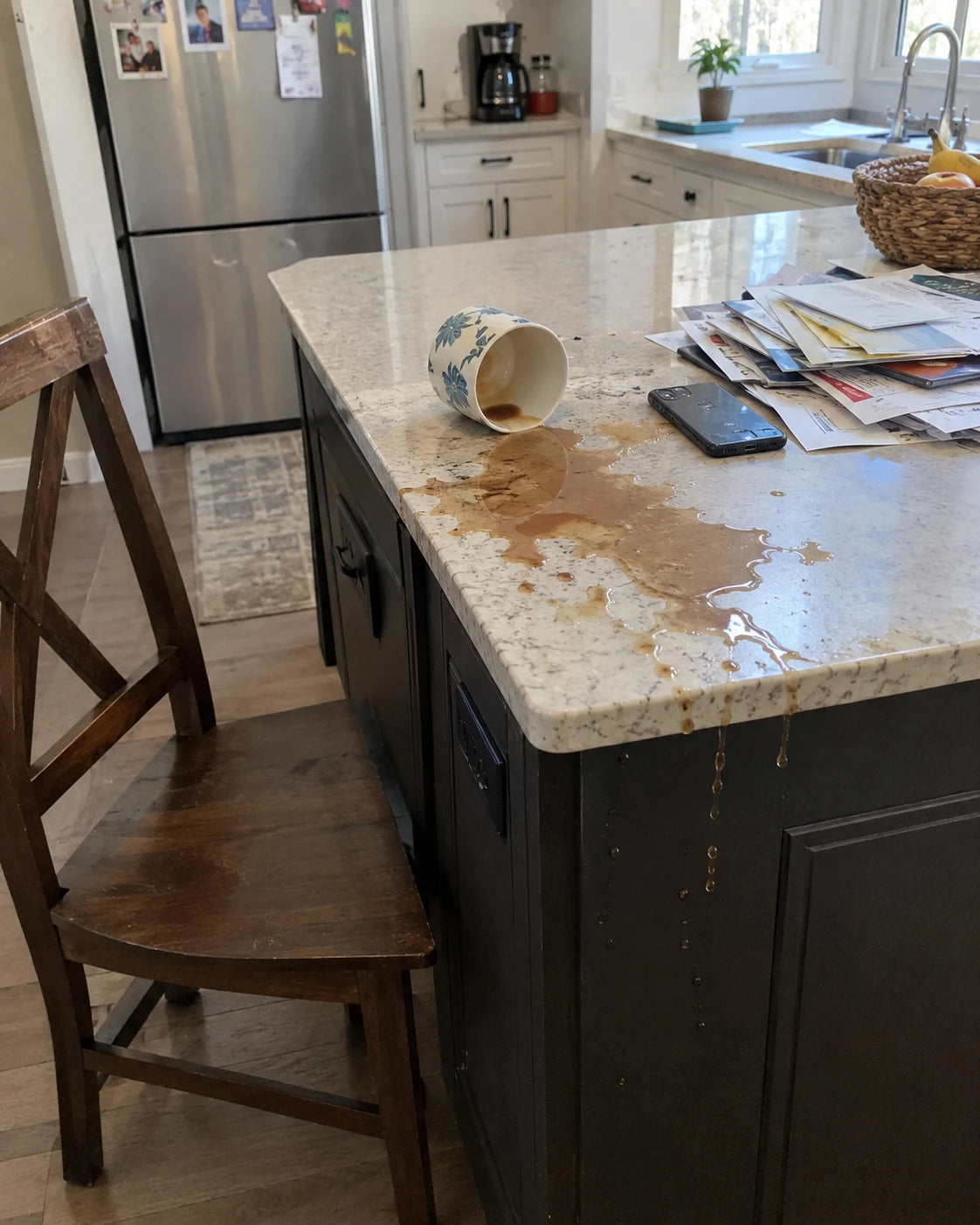 A knocked-over mug with real spilled coffee pooling across a kitchen counter and dripping in small droplets down the cabinet edge, scattered mail, a phone face-down, a chair shoved back at an angle