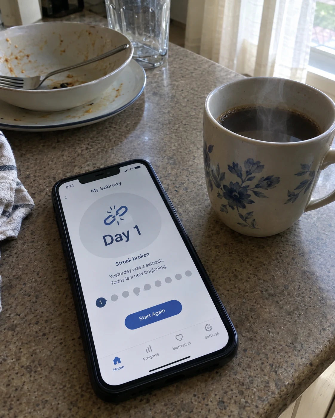 A phone on the kitchen counter showing a sobriety app with a broken streak reset to Day 1, next to a steaming mug of coffee