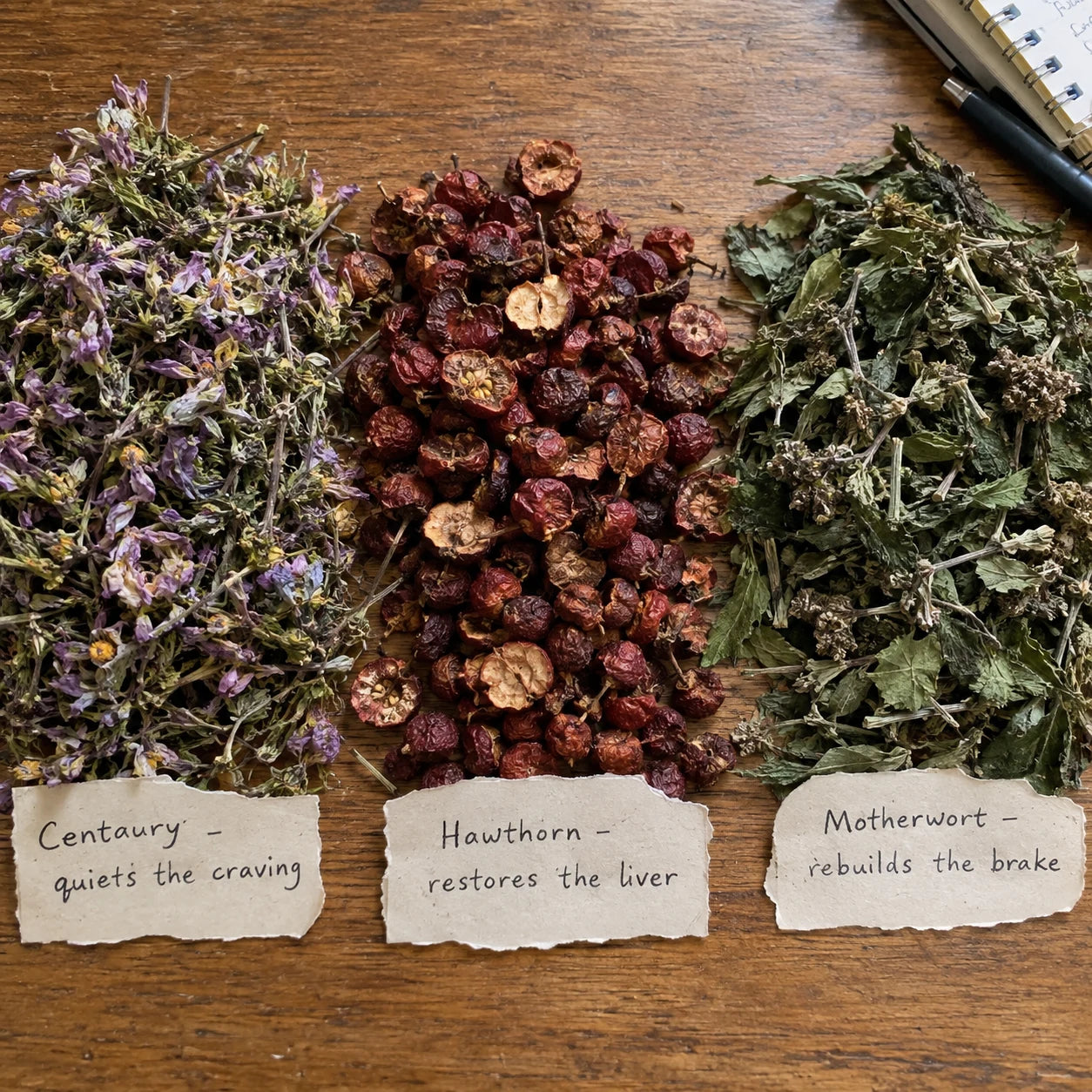 Centaury, Hawthorn, and Motherwort laid out with handwritten tags describing each plant's job