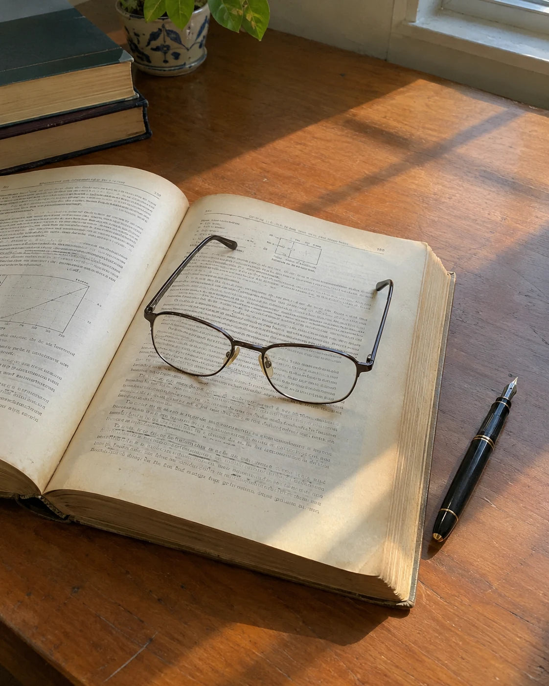 An old open research journal on a desk with reading glasses and a fountain pen, warm window light