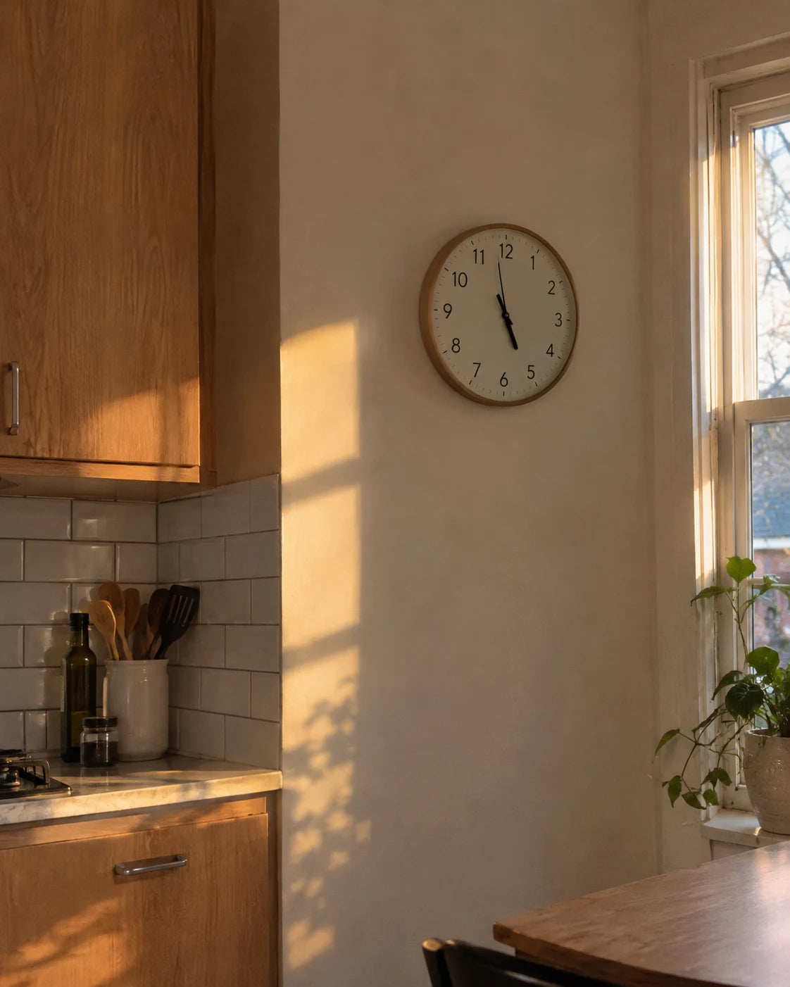 A simple kitchen wall clock reading close to 5 o'clock in warm late-afternoon light