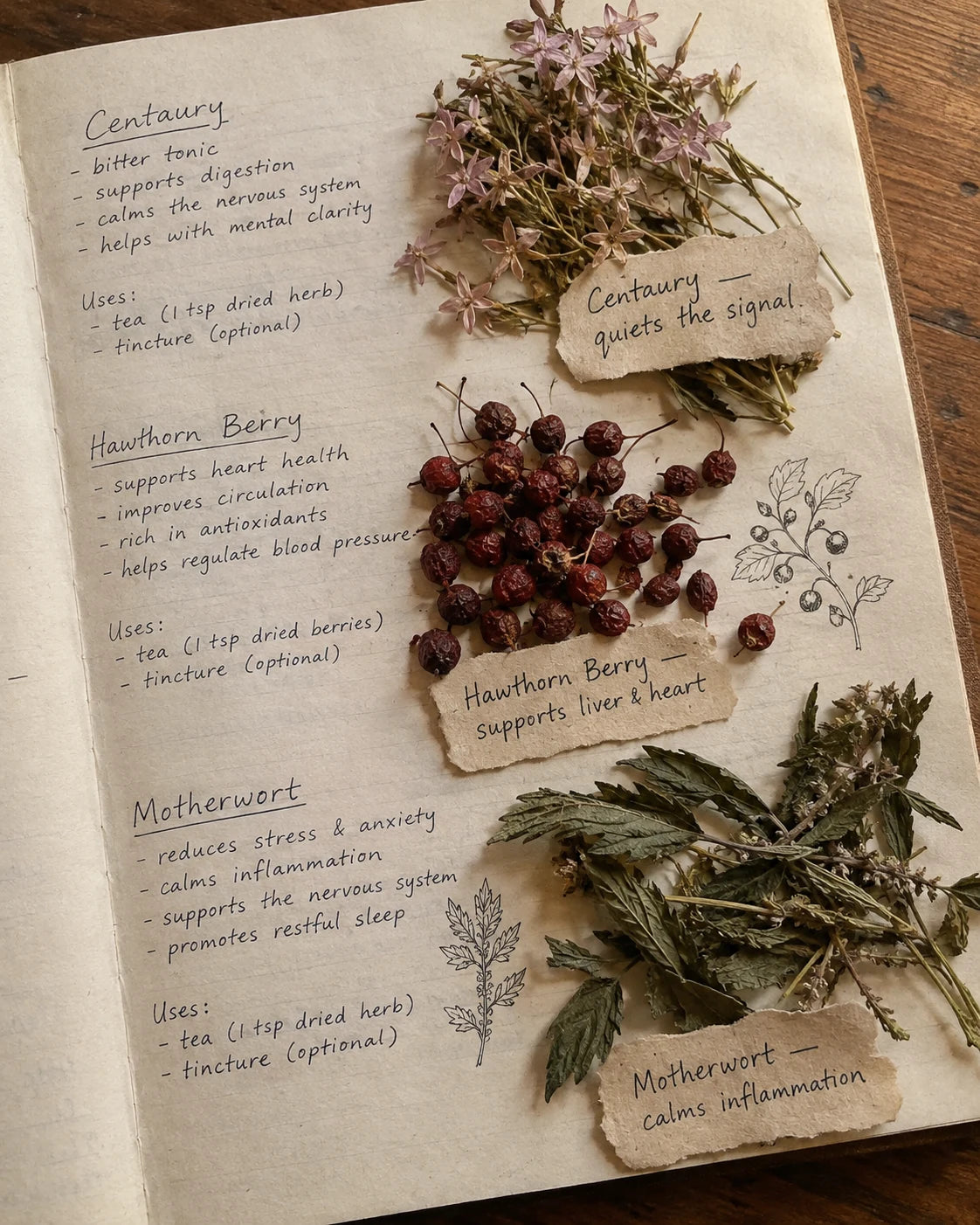 Handwritten journal page with real Centaury, Hawthorn Berry, and Motherwort laid out with handwritten labels explaining what each one does