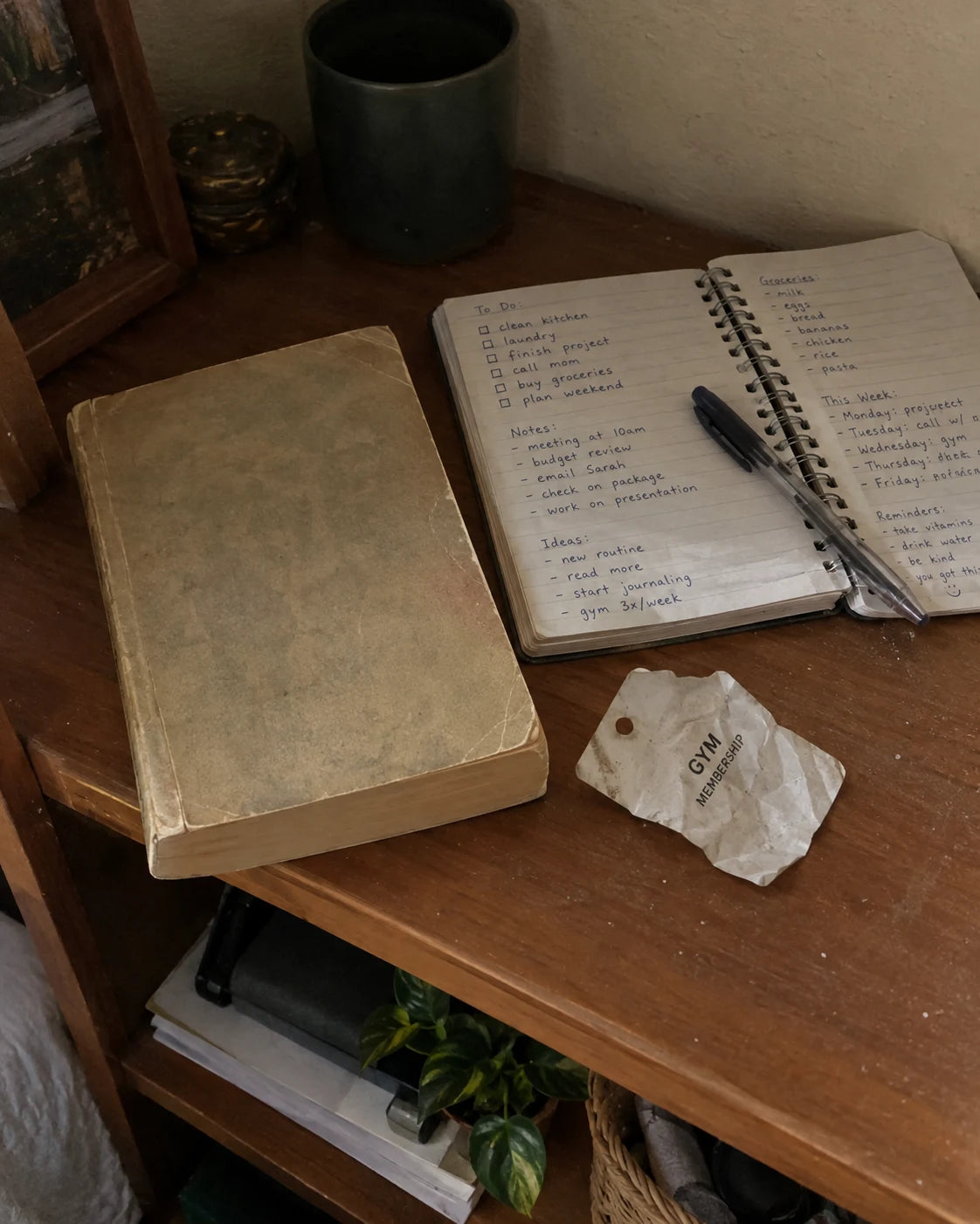 A dog-eared self-help book and a half-used notebook on a shelf, nobody in frame