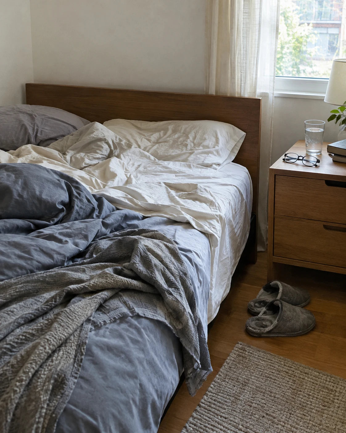 Unmade bed in the morning with slippers, glasses, and a glass of water on the nightstand