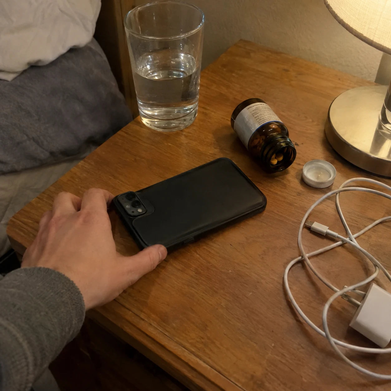 A hand placing a phone face-down next to a melatonin bottle on a nightstand