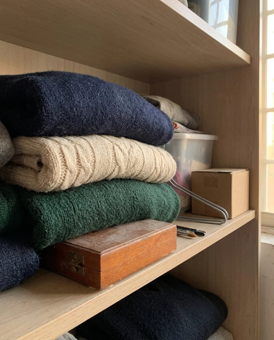 A small wooden art supply box tucked under folded winter sweaters in a closet