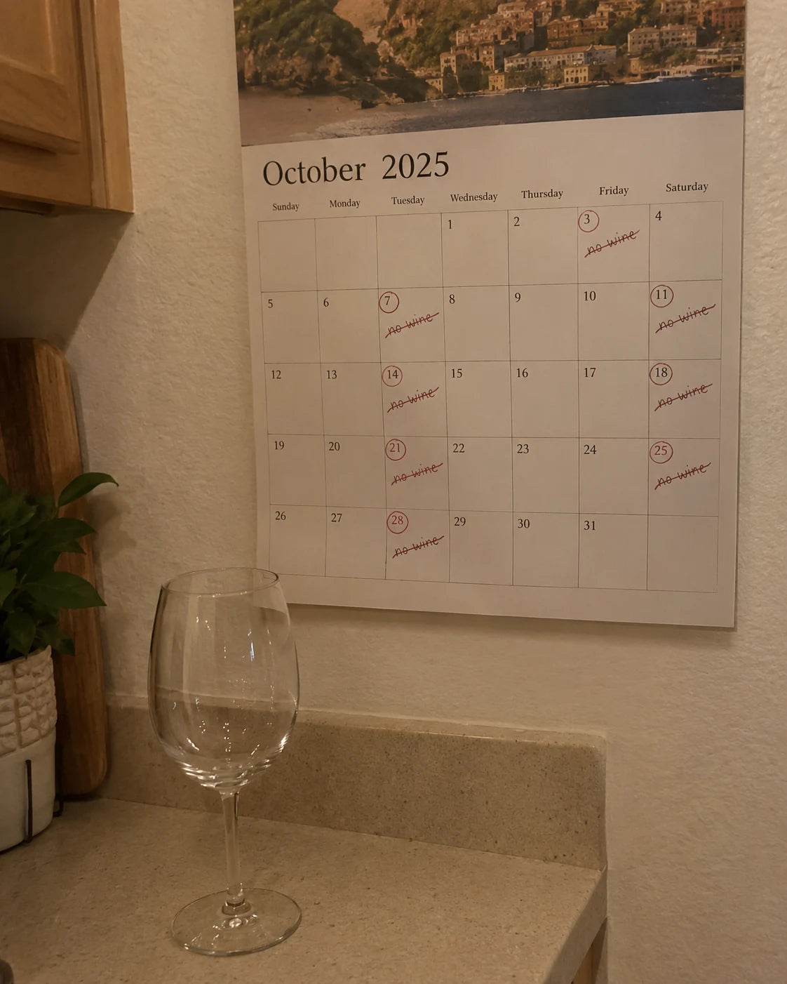 Kitchen calendar with days circled and no wine crossed out repeatedly, next to an empty wine glass