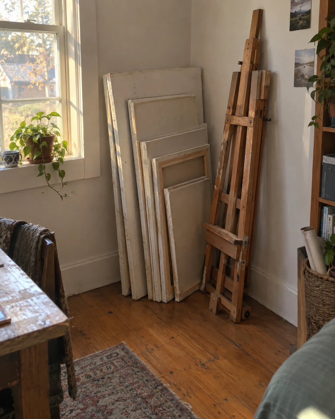 A folded wooden painting easel and unused canvases leaning together in the corner of a quiet room