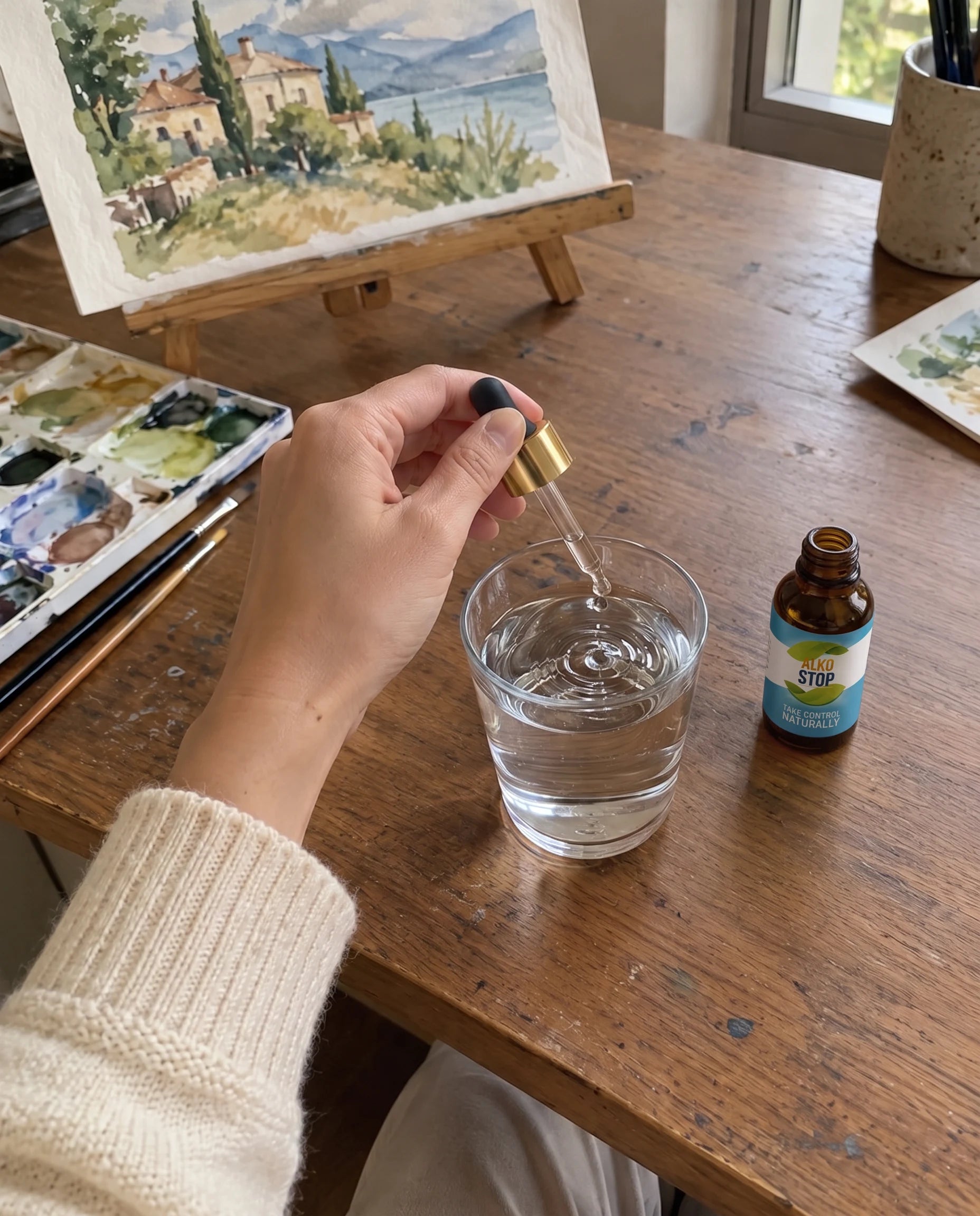 A dropper adding AlkoStop to a glass of water on an art table, a watercolor painting in progress in the background