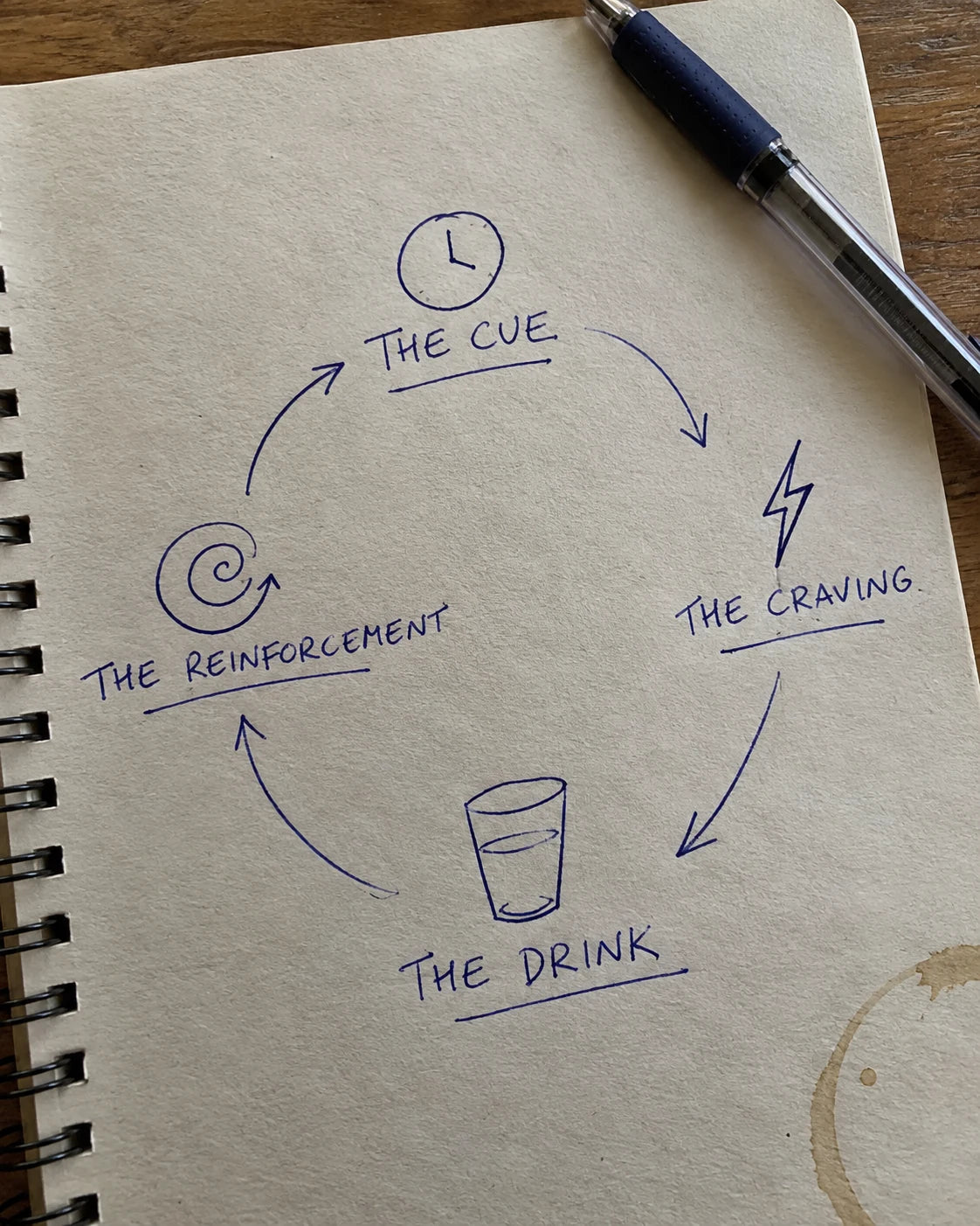 Hand-drawn journal diagram of the craving loop: the cue, the craving, the drink, reinforcement