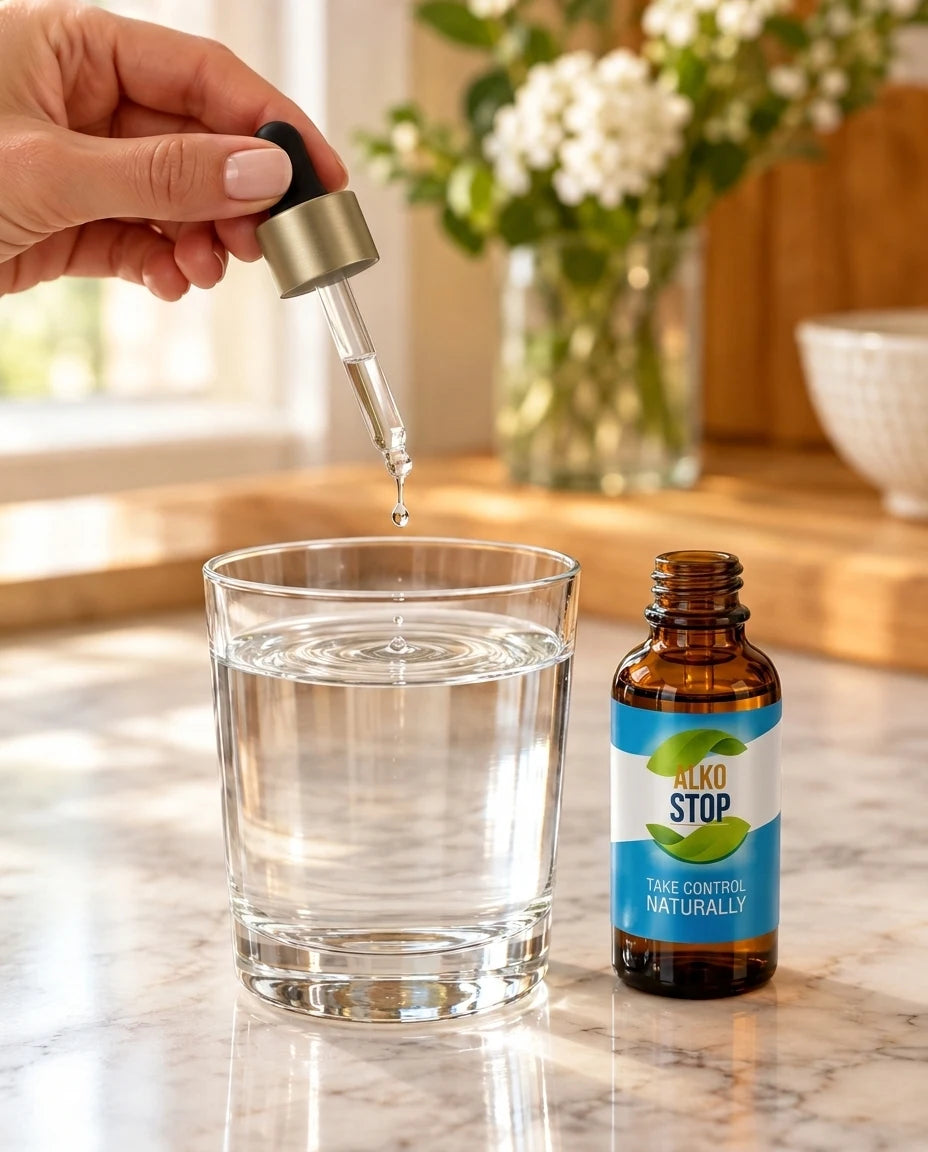 Hand holding an AlkoStop dropper with a drop falling into a glass of water, bottle standing beside it on a marble counter