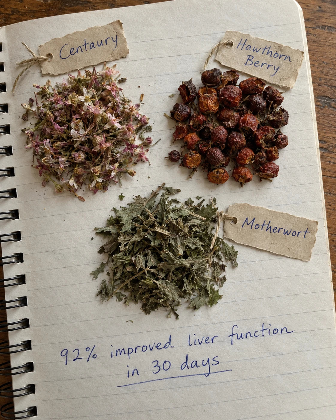 Centaury, Hawthorn Berry, and Motherwort herbs laid out with handwritten labels and 92% improved liver function note