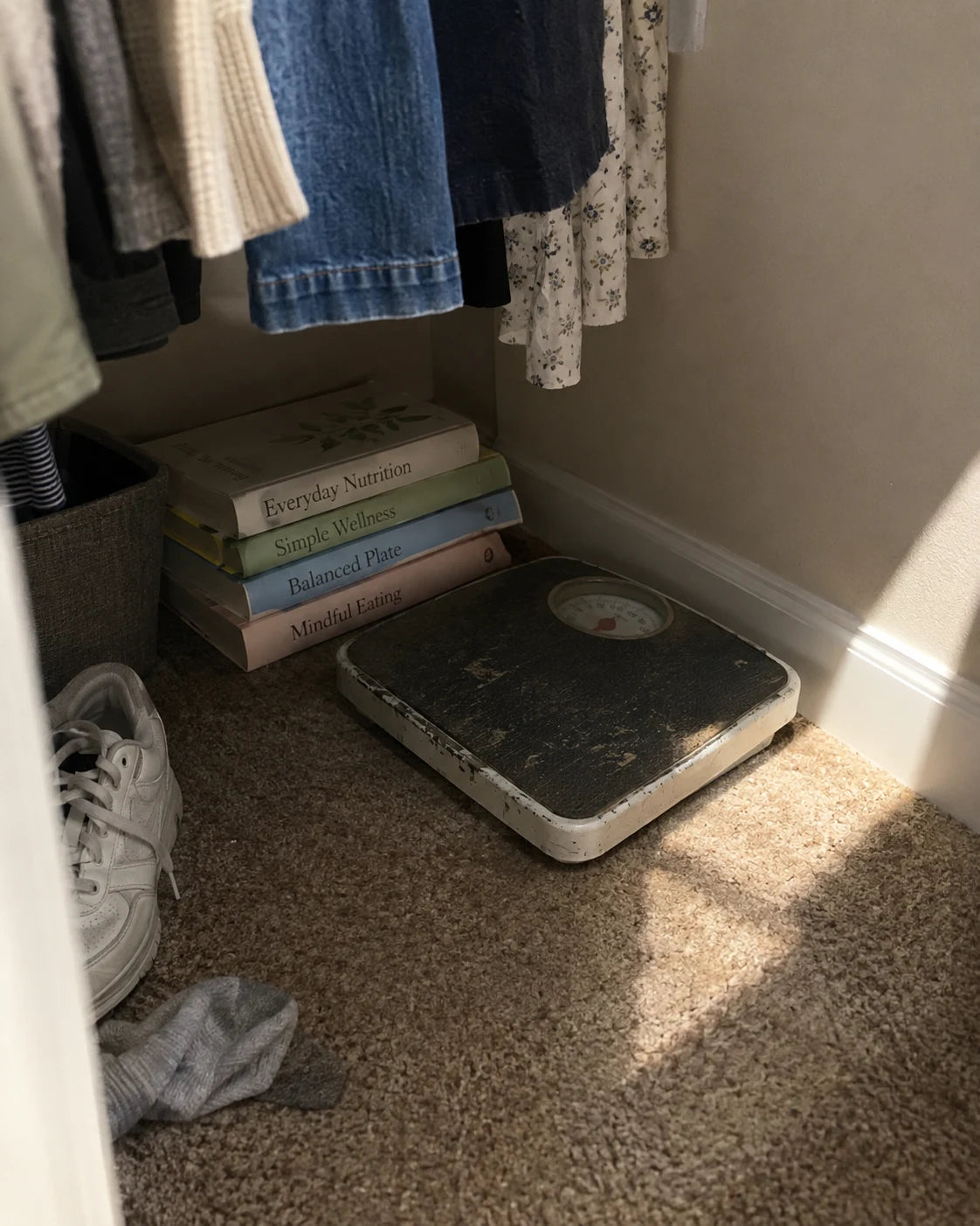 Stack of diet books and an unused bathroom scale pushed into a corner
