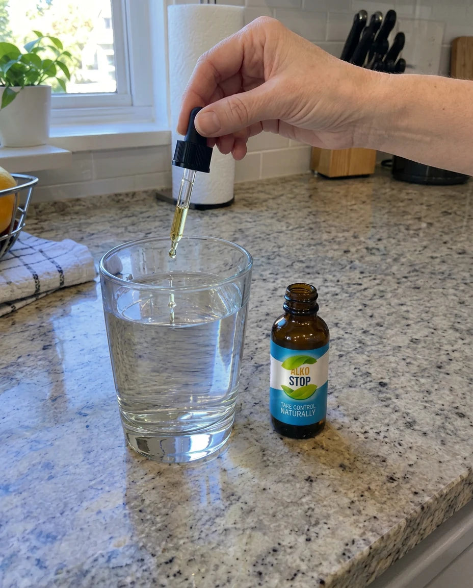 Hand dropping AlkoStop into a glass of water on the kitchen counter