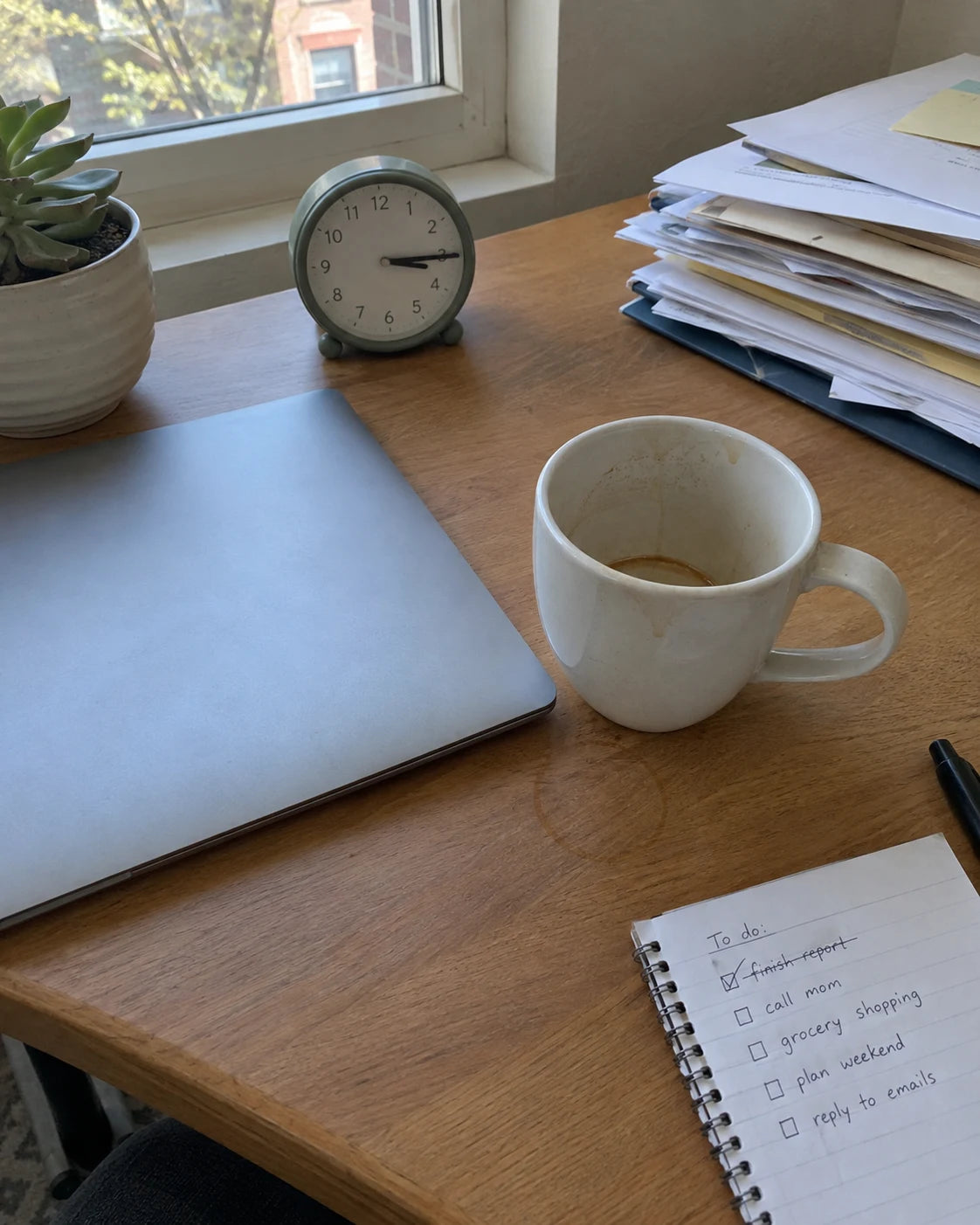 Home desk in the afternoon with a clock reading past 3, an empty coffee mug, and a to-do list