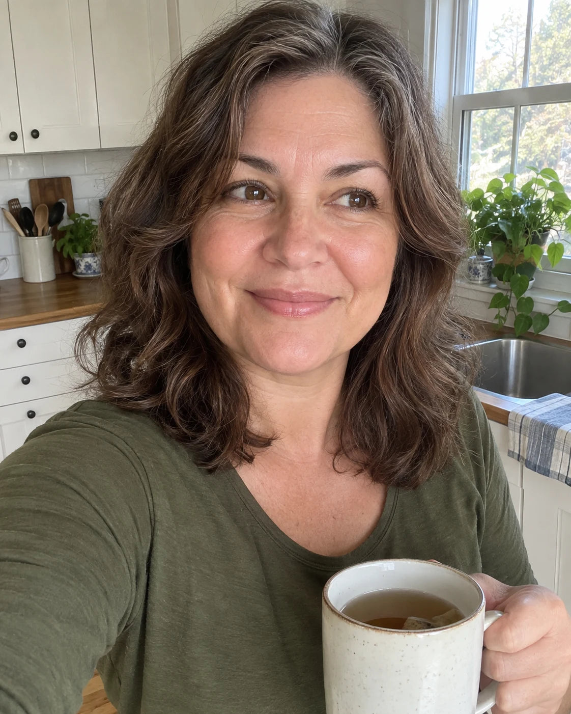 Woman smiling in her kitchen holding a mug of tea in the late afternoon