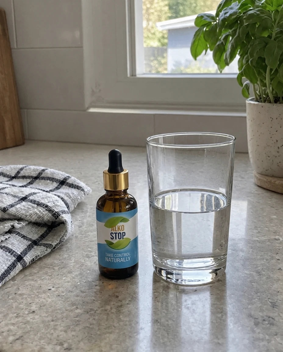 AlkoStop dropper bottle next to a glass of water on a kitchen counter