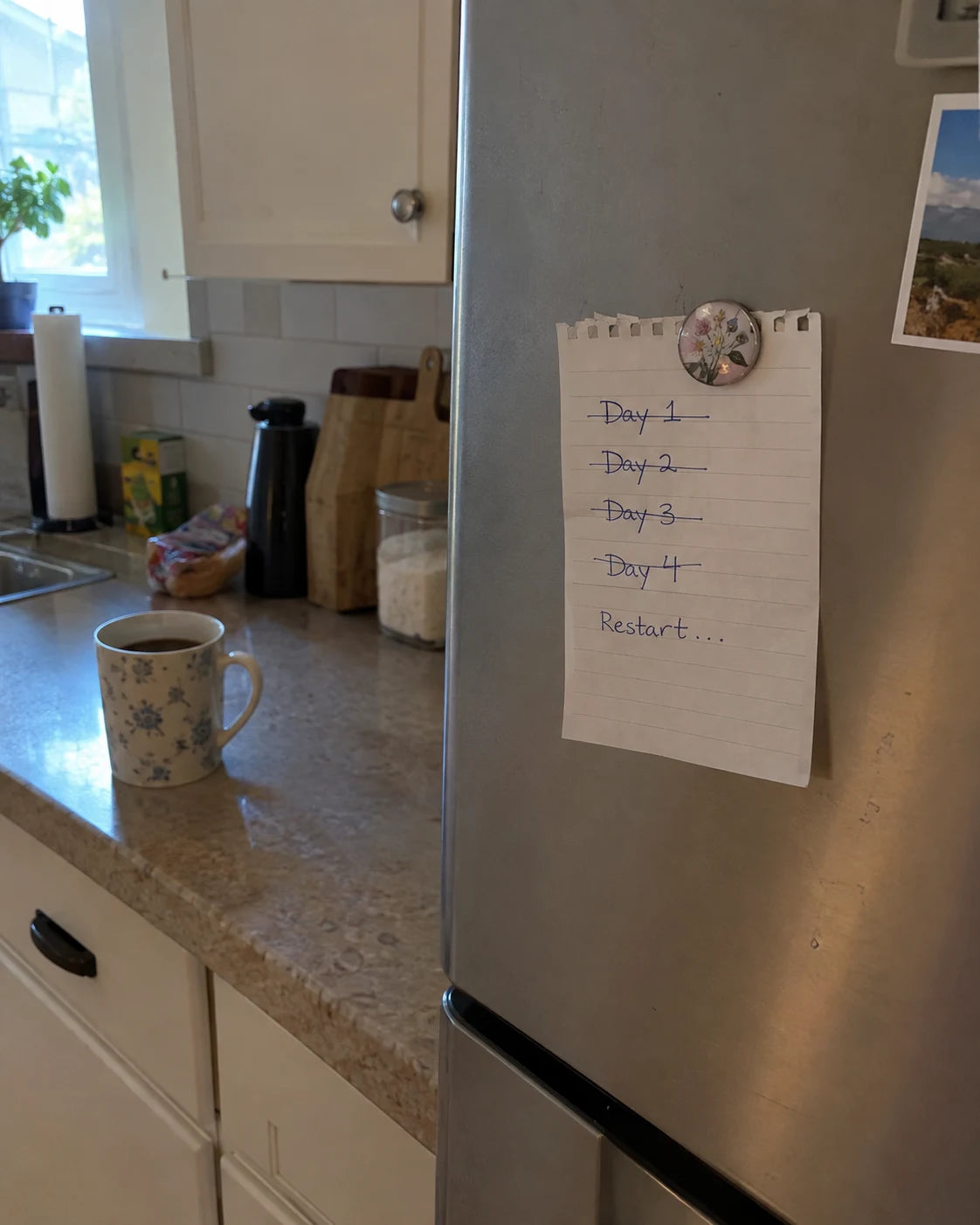A phone on a kitchen counter next to a mug of coffee in the morning