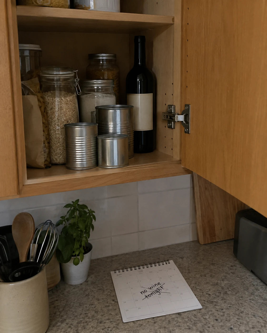 A wine bottle pushed to the back of a kitchen cabinet next to a calendar page with no wine tonight crossed out