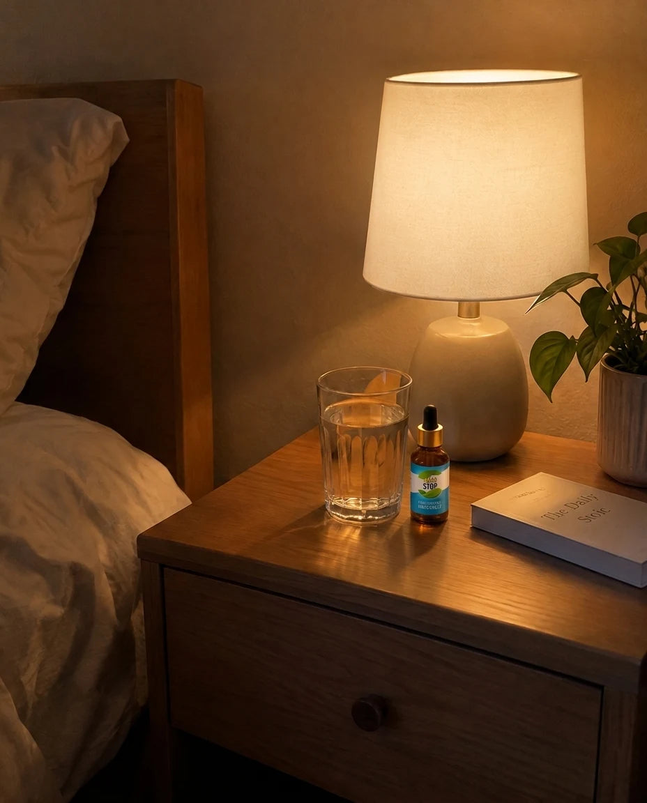 Hand holding an open AlkoStop dropper bottle with a drop falling into a glass of water on a nightstand at night